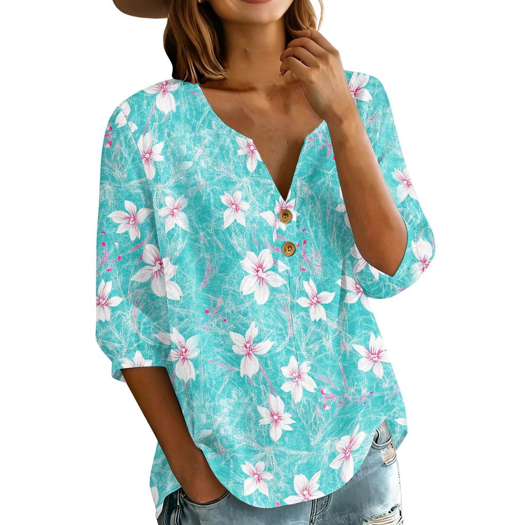 Women’s Floral Print Cotton Linen Shirt with Henley Button Neckline and Three Quarter Sleeves Casual Loose Fit Blouse Top