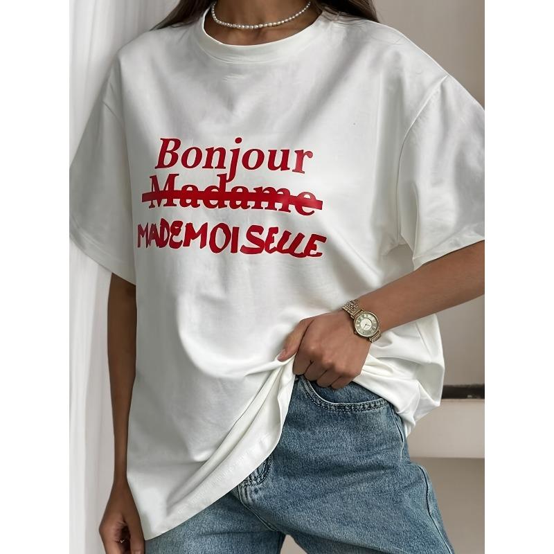 

Women s Fashion T-Shirt with Red Artistic Font Print, Casual and Trendy Round Neck Summer Top for Daily Wear S белый