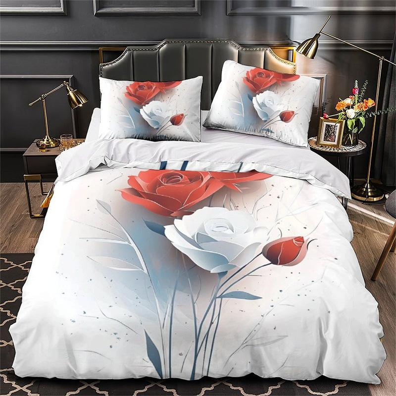 3D Digital Printing Bedding Two Or Three-Piece Valentine'S Day Flower Series Polyester Quilt Set