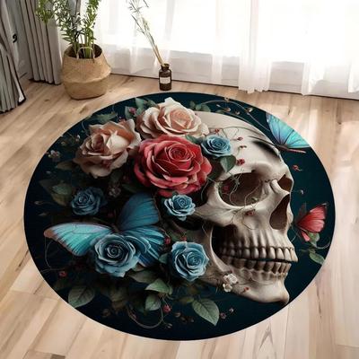 MINISO Halloween Terrifying Rose Skull Round Carpet Gothic Rose Carpet Bedroom Living Room Decoration Halloween Gift
