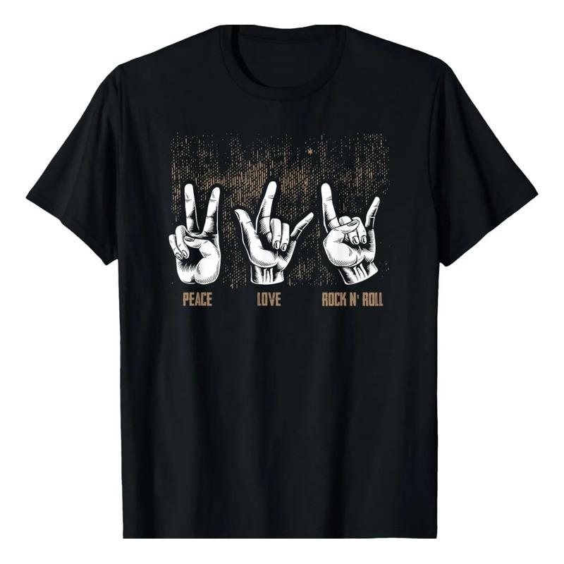Camiseta Peace Love Rock And Roll Hand Signs Com Guitarra Hi S