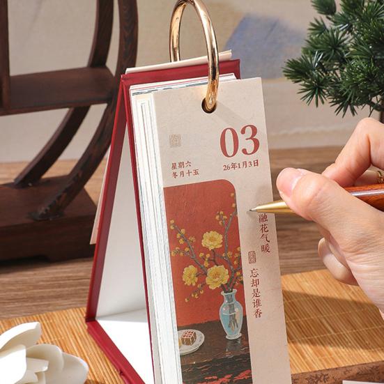 2026 Vintage European Style Oil Painting Flip Calendar January-December Desk Planner with Butterfly Pendant Desktop Monthly Organizer for Home Office