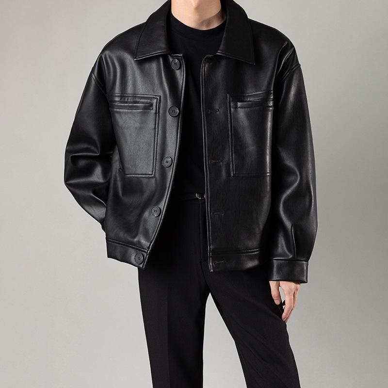 Men's Retro PU Leather Motorcycle Jacket - Korean Style Lapel, Casual Loose Fit for Spring and Autumn