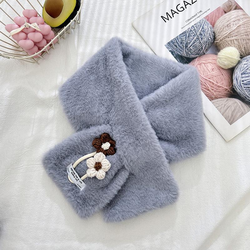 Модный плюшевый шарф с воротником из искусственного меха для женщин, мультяшный, милый, с цветами, мягкий, утолщенный, шарф-грелка для шеи для осени и зимы серый