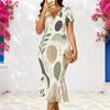 Women Plus Size V Neck Short Sleeve Blue Orange Printed Fitted Fishtail Dress