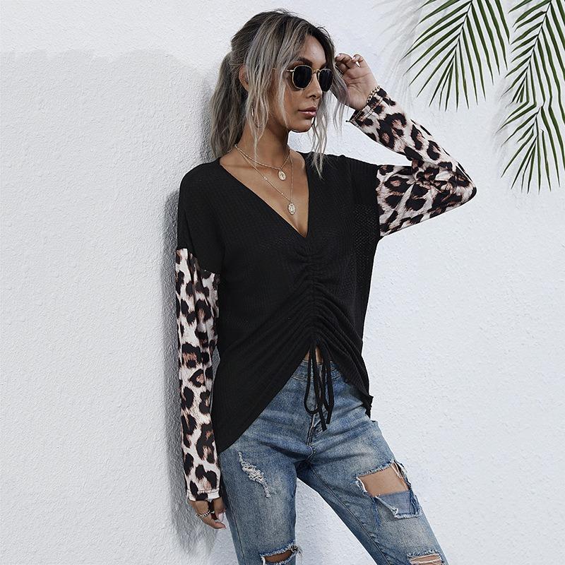 V-neck Color Blocked Leopard Print Long Sleeved T-shirt for Women Casual Top Drawstring Design Commuter Pullover Base Shirt Autumn