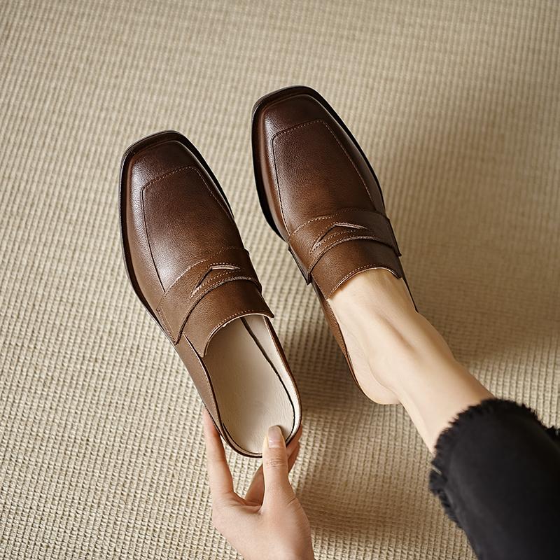 Fashion 2025 Spring Genuine Leather Shoes Women Slippers High Heels High Square Toe Mules Ladies Office Dress Shoes Slides Women Pumps