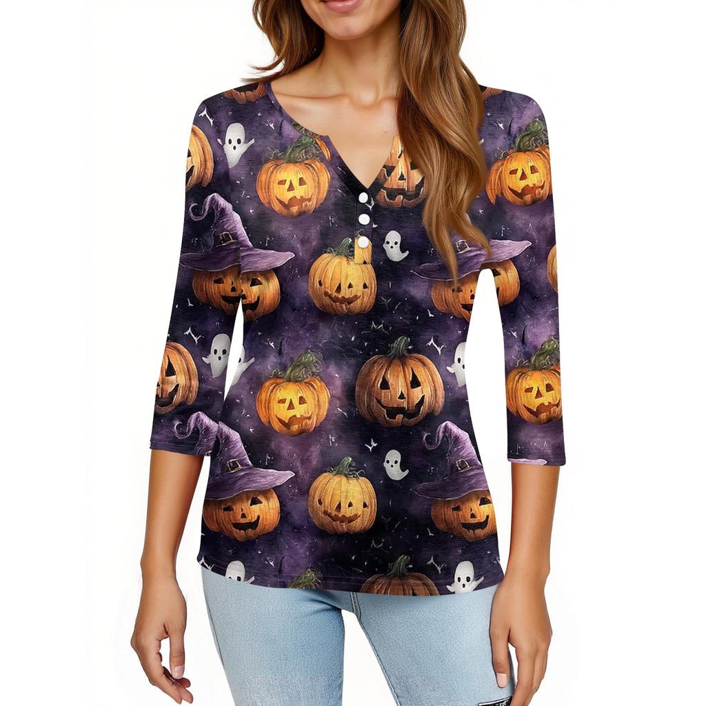 Top T-shirt da donna con scollo a V, bottoni, maniche a tre quarti, per Halloween