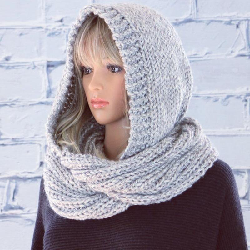 Fashion Hooded Scarf, Women's Solid Color Woolen Hat, Knitted Scarf