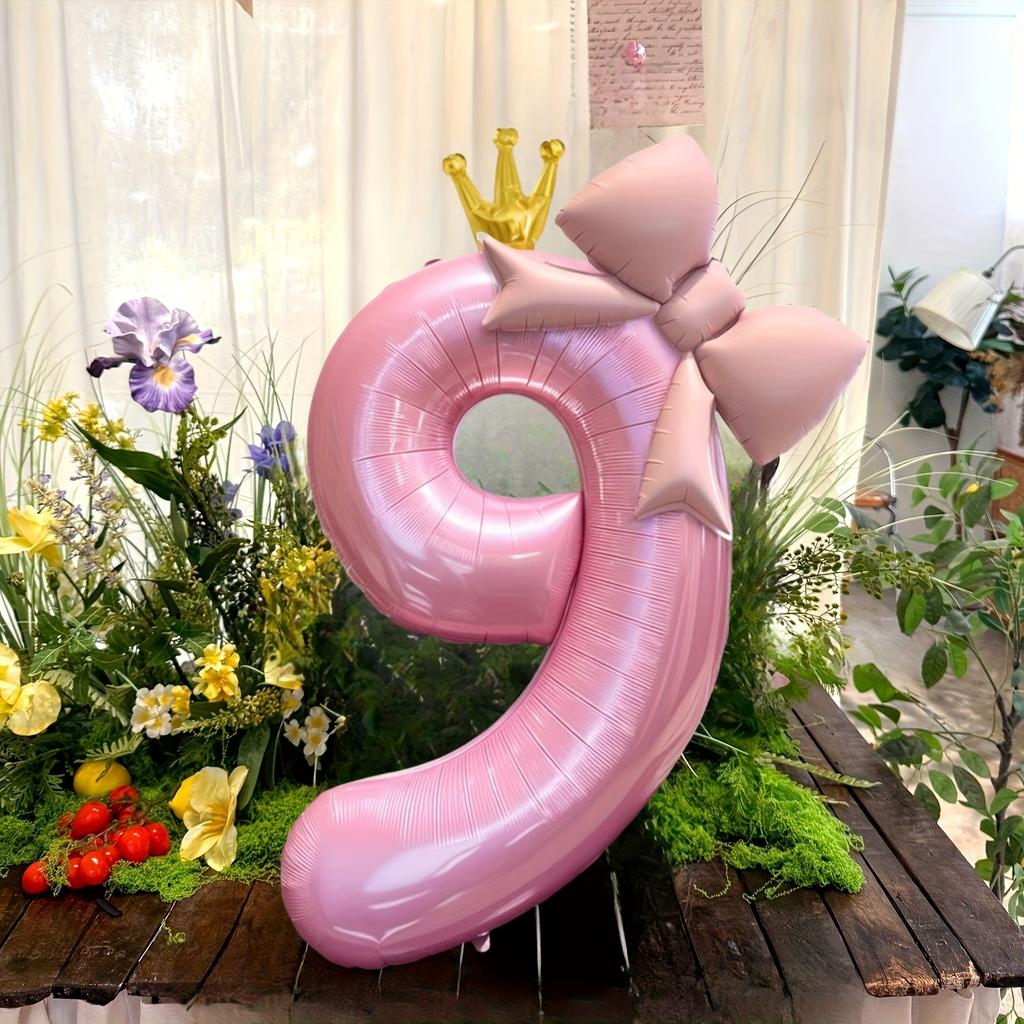 Pink Crown-Shaped Number Balloons And Pink Bow-Shaped Foil Balloons, for Decorating Birthday Parties, Anniversaries Celebrations
