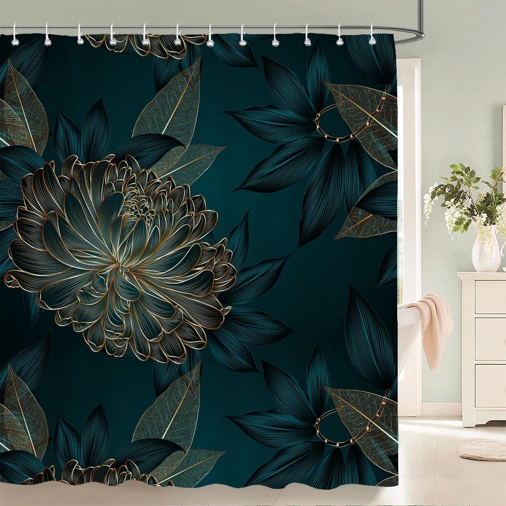 1pc Art golden flowers print shower curtain waterproof fabric,Floral pattern partition curtain decorate bathroom curtain
