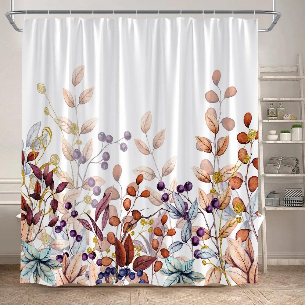 Eucalyptus Leaves Shower Curtains Autumn Brown Leaf Watercolour Plants Modern Bath Curtain Polyester Fabric Home Bathroom Deco