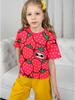 Girls Cute Strawberry Print T-Shirt, Red Cartoon Strawberry with Funny Face Allover Print Kids Short Sleeve Graphic Tee