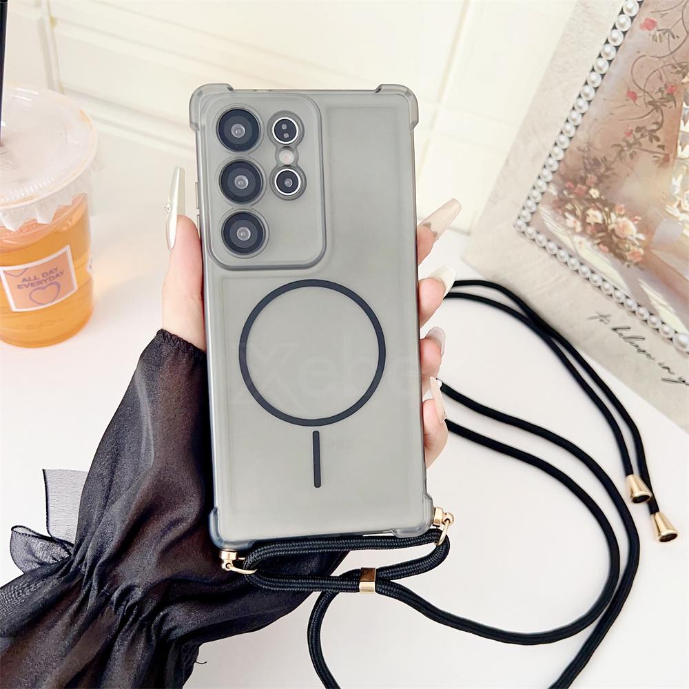 Adjustable Lanyard For Magsafe Armor Clear Case For Samsung S24 S25 Ultra S22 S23 Plus Shockproof Bumper Protector Cover