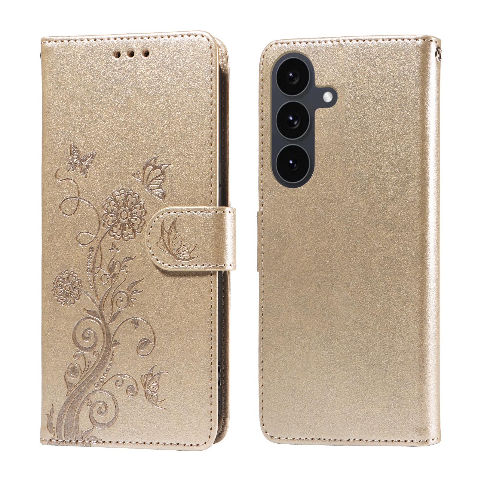 Кожаный чехол для Samsung Galaxy S25 FE с тиснением в виде бабочек и цветов, кошелек-подставка Golden