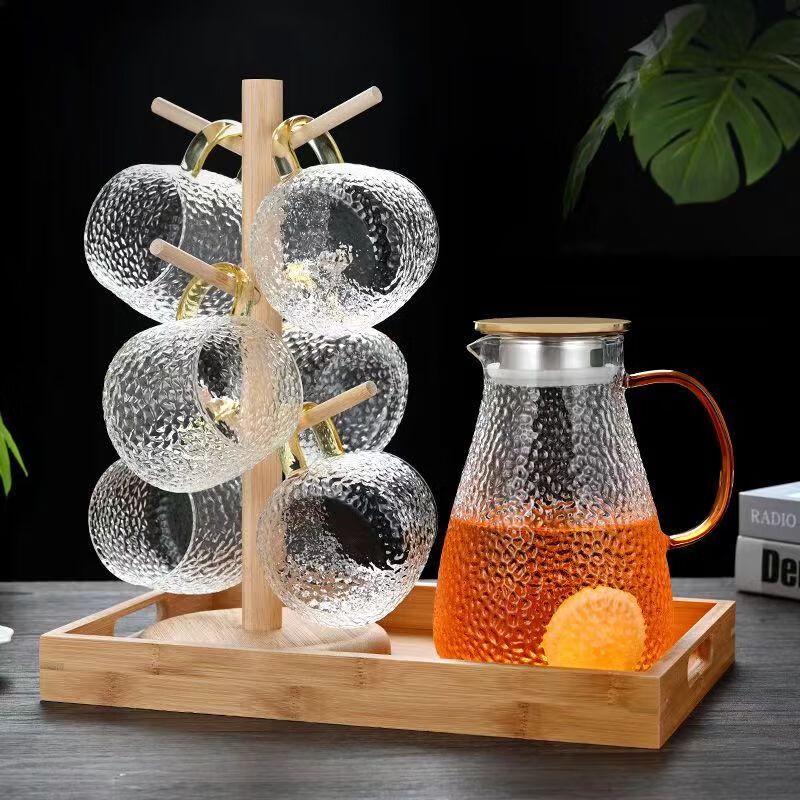 Набор стеклянных кувшинов для холодной воды 1500ml Pitcher with 6 Cups, Tray & Wooden Stand