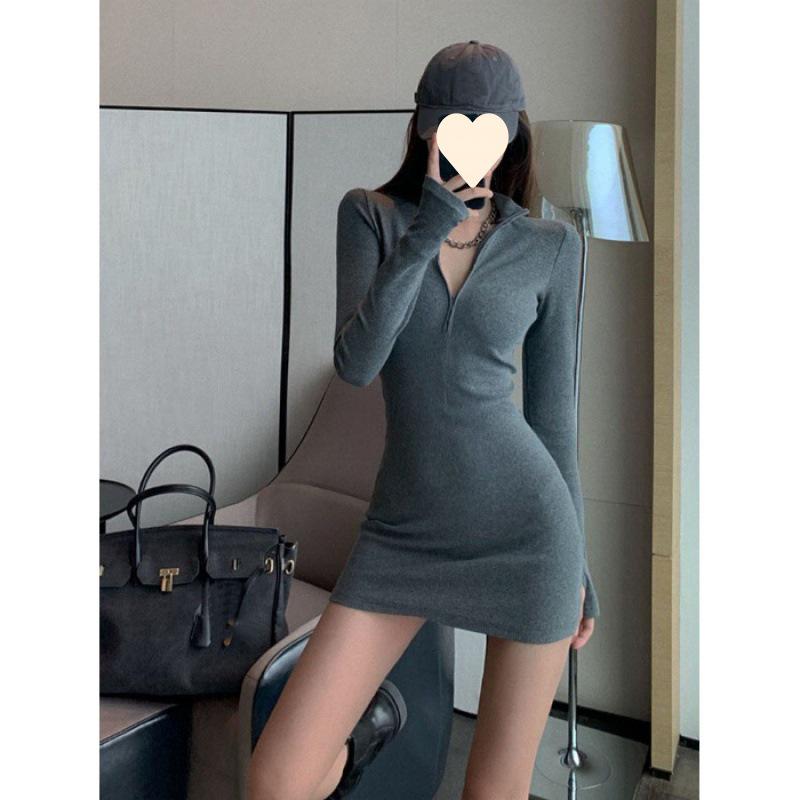 2024 Czarna Sukienka z Długim Rękawem Owijana na Ramieniu Zapinana na Zamek: Wyszczuplająca, seksowna bielizna na jesień i zimę.