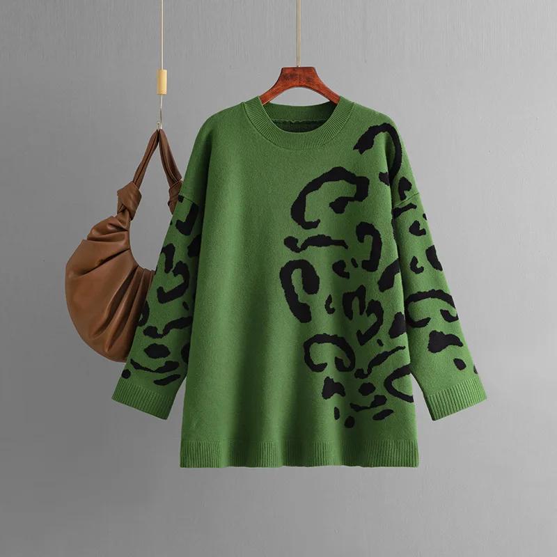 Sweater Women Leopard Printed Pullovers Loose Long Sleeve O-Neck Knitted Jumpers Warm Basics Autumn Winter Fashion Tops