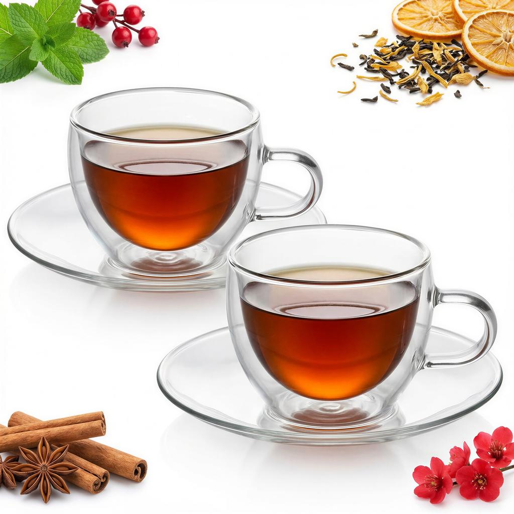 COFFEE TEA CUPS 2 PIECES WITH STANDS THERMAL GLASSES 250ml