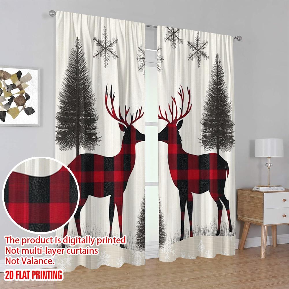 2pcs,2D Plane Printing Curtains Digital Printed Buffalo Plaid Reindeer Snowflakes (2) Polyester Easy Install (without Rod) All