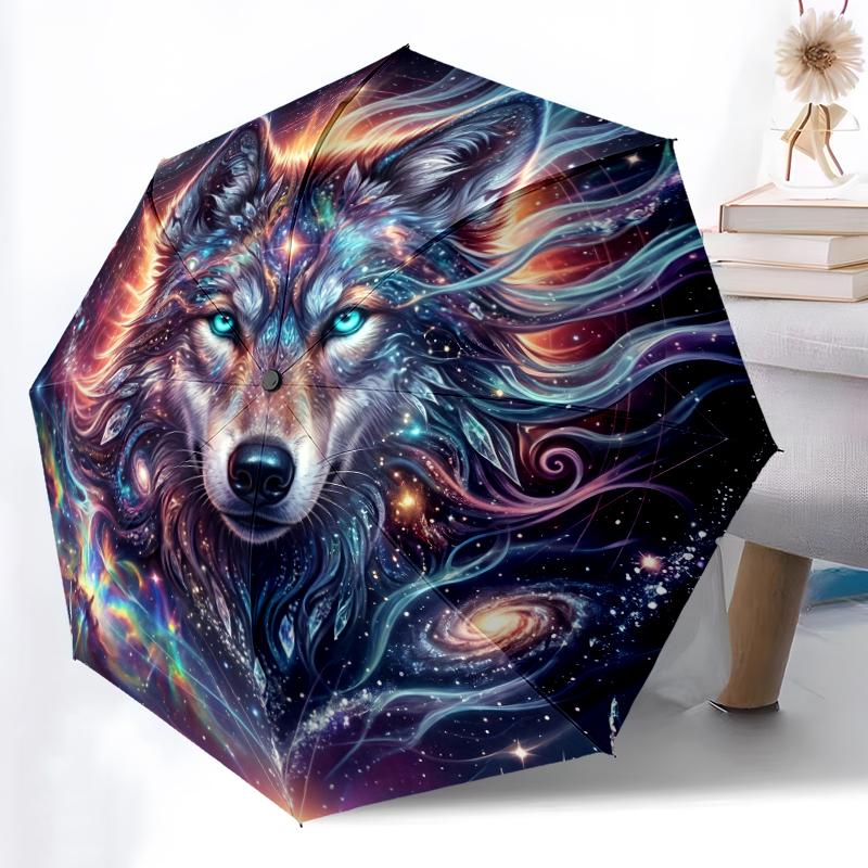 1pc Sturdy 8-Bone Auto Umbrella, Wolf Star Umbrella, Digital Printed, Foldable Umbrella for On-the-Go Outdoor Use