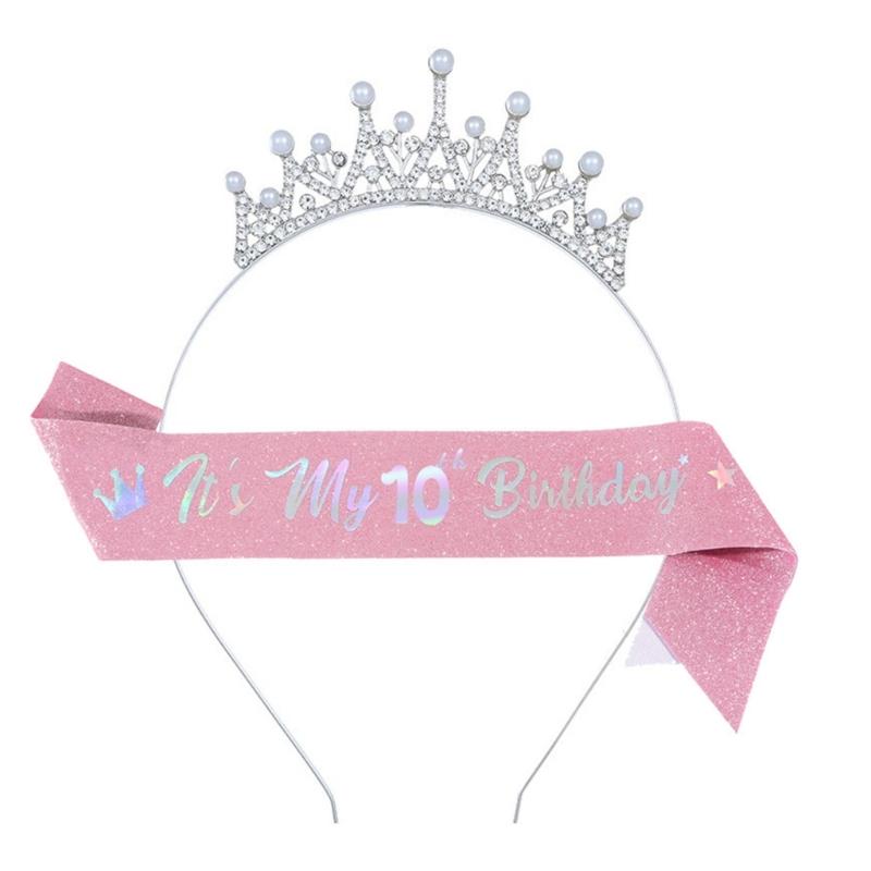 

Girls Birthday Celebration Headpiece And Shoulder Sash Set Sparkling Glitters Fabric Practical Metal Party Decorations