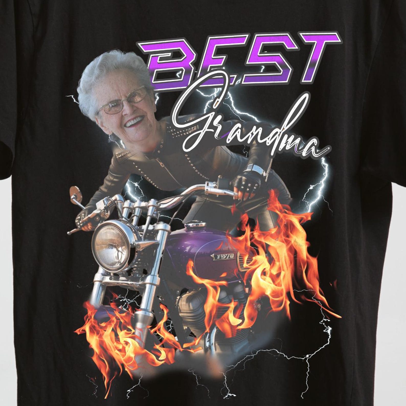 Custom Grandma T-Shirt: Personalized Face Motorcycle Tee 2XL