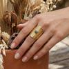 Stainless Steel Wide Ring Women Natural Stone Carved Oval Open Ring Retro Ethnic Style Banquet Dress Hand Jewelry Accessories