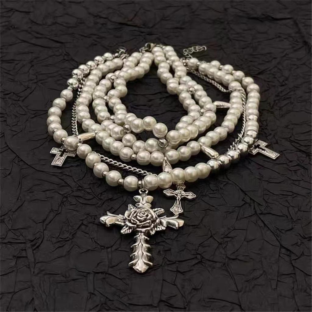 Fashionable Pearls Multilayered Necklace with Silver Sturdy Alloy Crosses Pendant Accessory for Women and Girls