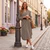Women V Neck Loose Fit Striped Belted Shirt Dress Long Sleeve Casual Midi Dress with Vertical Stripe Pattern for Daily Wear