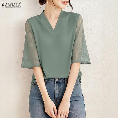 Camicetta Casual da Donna con Scollo a V e Inserti in Pizzo, Manica 3/4