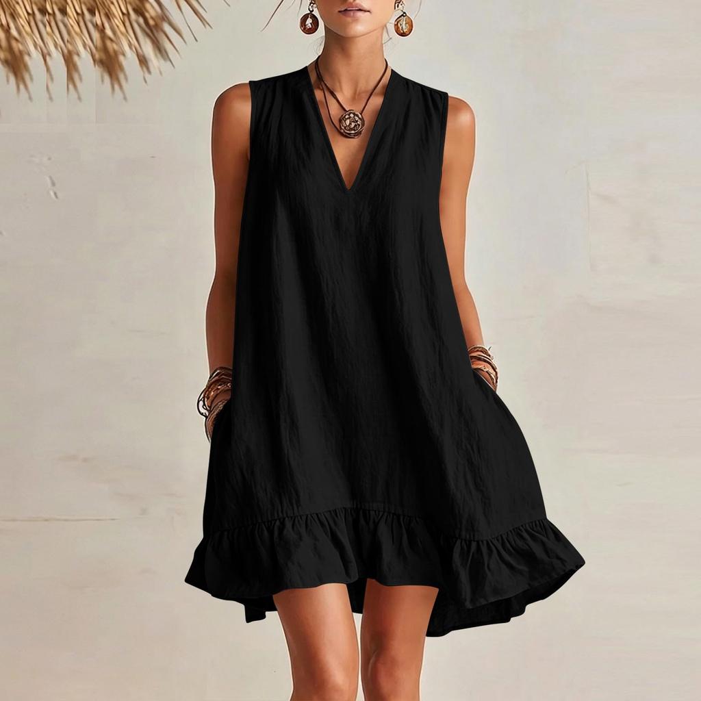 Damen V-Ausschnitt Ärmellos Rüschensaum Locker Sitzendes Kleid mit Taschen Sommerlich Lässig Leicht Einfarbiges Tunika-Kleid für den täglichen Gebrauch