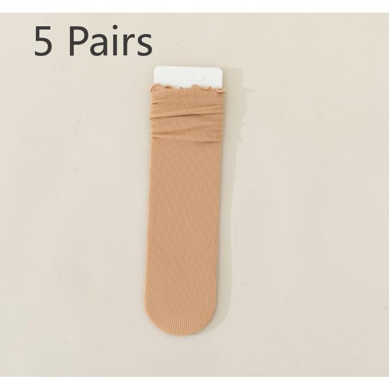 5 pairs of socks women's summer thin mid-calf black and white wooden ear edge solid colour ice ice socks velvet stacking socks