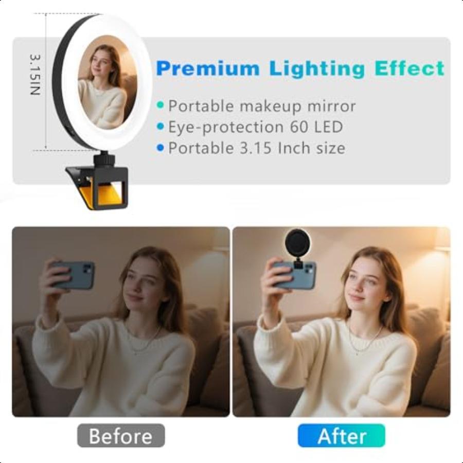 

60 светодиодная кольцевая лампа для видеоконференций, перезаряжаемая, с клипсой, 3 регулируемых режима освещения, универсальная для телефонов, ноутбуков, 3000K5000K Co United States