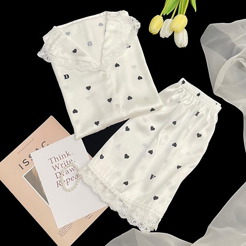 Summer Lace French Polka Dot Age-Reducing Girl Pajamas Short-Sleeved Set Cardigan Ice Silk Loungewear