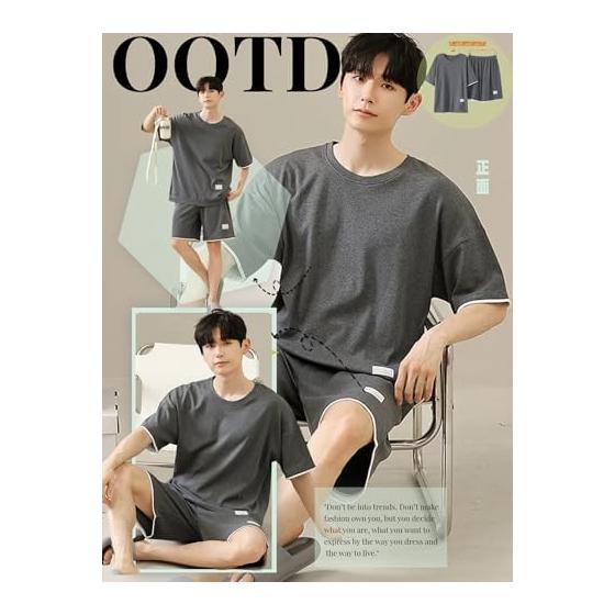 [Smomo] Men's Pajamas, 100% Cotton, Top and Bottom Set, Sweat Absorbent, Quick Drying, Skin-friendly, Thin, Comfortable, Breathable, Short Sleeve