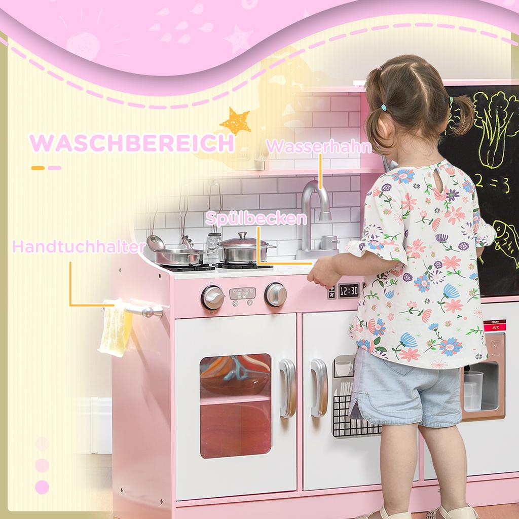 Rollenspielküche, Kinderspielküchenset, mit Spielzeittelefon, Tafel, Mikrowelle, Herd, Spüle, Rosa