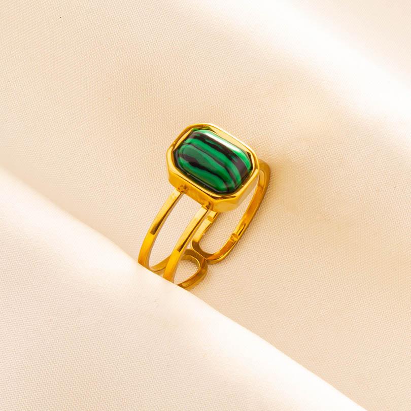 Green Striped Stone Vintage Gold Color Stainless Steel Open Adjustable Rings For Women Men Accessories Finger Jewelry Sun Flower