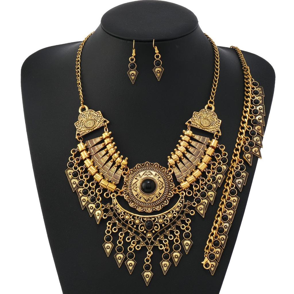 New 3-Piece Set Ethnic Retro Tassel Jewelry Set Sweater Chain Collar Chain Necklace Earrings Bracelet for Women
