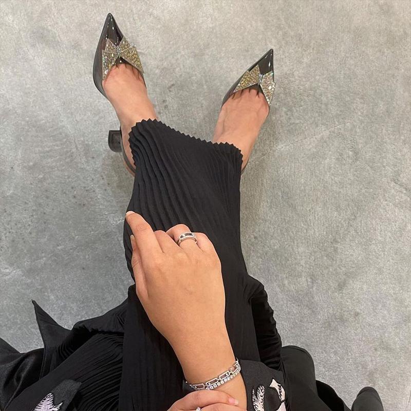 Bow Diamond Buckle Toe Sandals 2024 Summer New Sexy Leather Transparent Pointed Heel Stiletto Heels