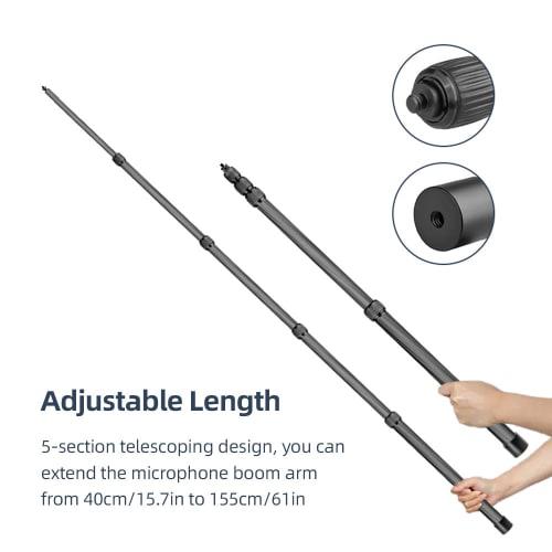 Handheld Microphone Boom Arm, 5-Section Extendable Carbon Fiber Boom Pole for Microphones, 1/4" Screw & Thread, Foam Grip Lock, Maximum Length 155cm/6