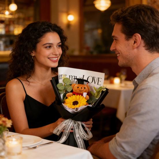 Studentgosedjurshjärte Virkad Solrosbukett Handstickad Garn Konstgjord Blomma med Studentgosedjur Dekoration Studentfest Presenter