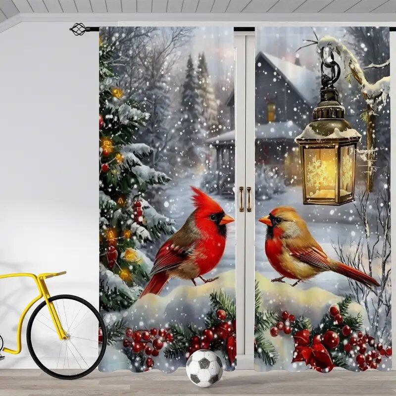 Set Of 2 Christmas Red Bird Printed Curtains Pole Bag Home Decoration Room Curtain Polyester