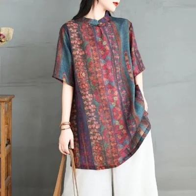 Women's Multicolor Pattern Blouse Short Sleeve Stand Collar Loose Fit Casual Oversized Top