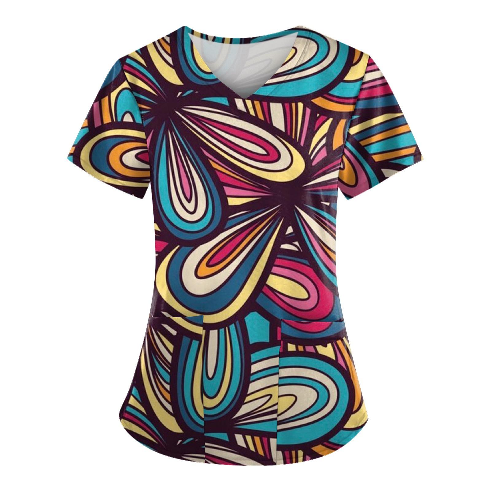 

Women s T-shirts Personalized Cute Print Short Sleeve V-neck Top Work Uniform Pocket Tops XL небо синє кольору