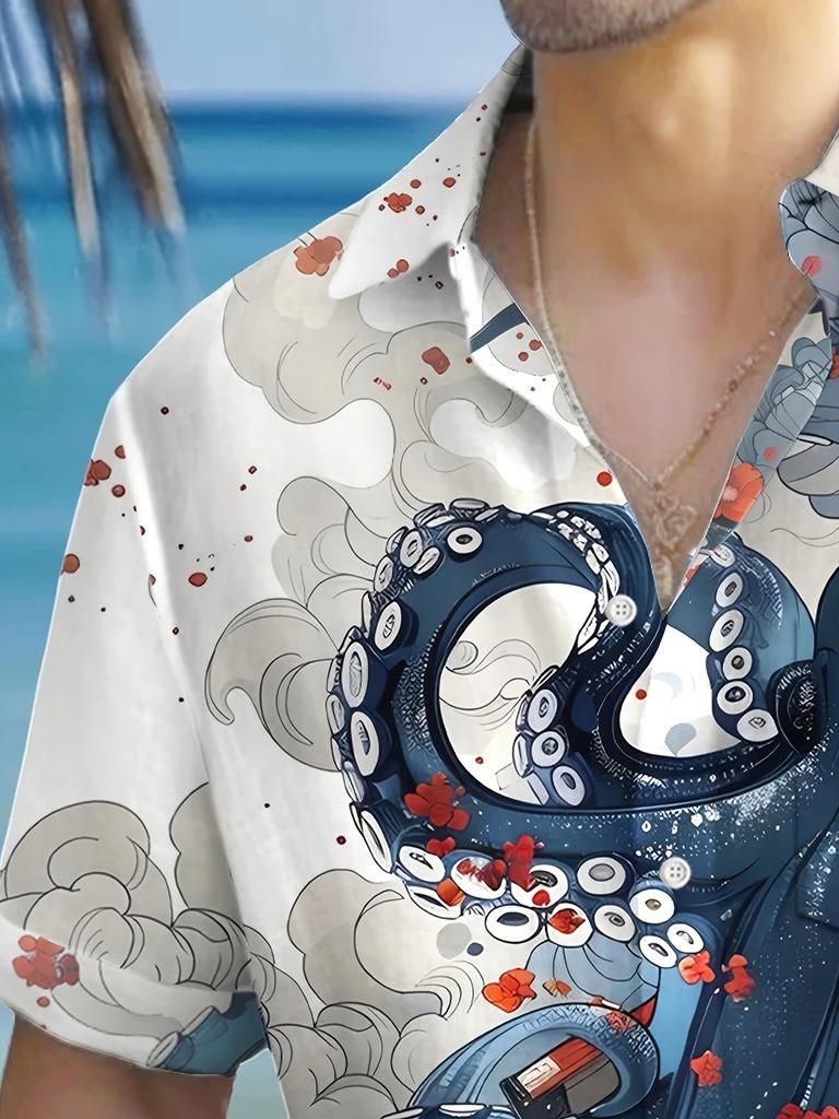 Men'S Plus-Size Short-Sleeve Button-Up Shirt with a Hawaiian Octopus Ukiyo-E Print, Plus Size