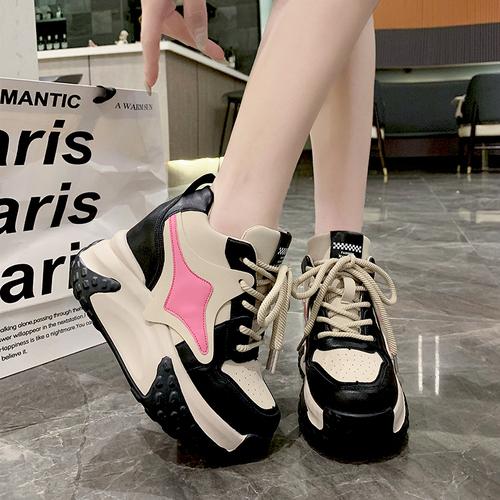 fashion Women Chunky Sneakers 9.5CM Heels Winter Thick Sole Casual Vulcanized Shoes High Platform Leather Sneakers Woman Free Ship