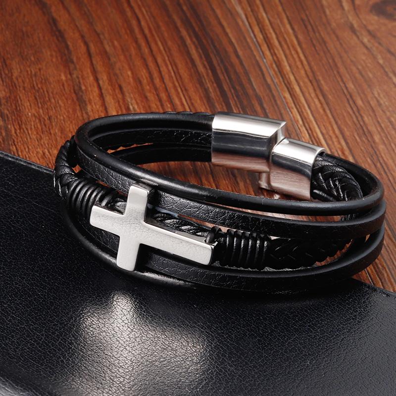 Cross Style Multi Layer Design Stainless Steel Fashion Men's Leather Bracelet Classic Gift For Men 2 Different Styles Choose
