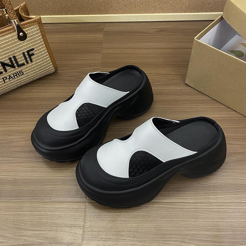Baotou half slippers for women to wear spring and summer new soft leather thick-soled casual height increase lazy pedal cool slippers