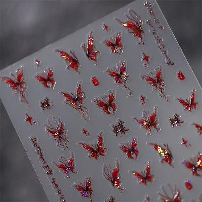 Red Butterfly Nail Stickers Flash Design Decals Self Adhesive Stereoscopic Nail Charm Decoration Accessories